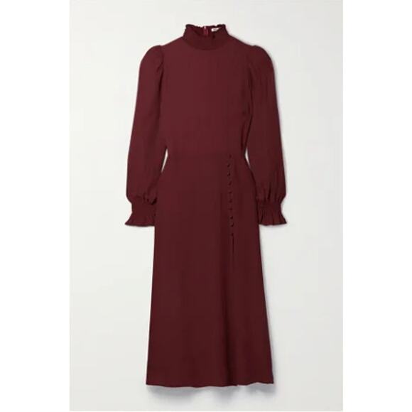 New Reformation Stevi Shirred Georgette Midi Dress Bold Claret size 10 - Picture 2 of 9